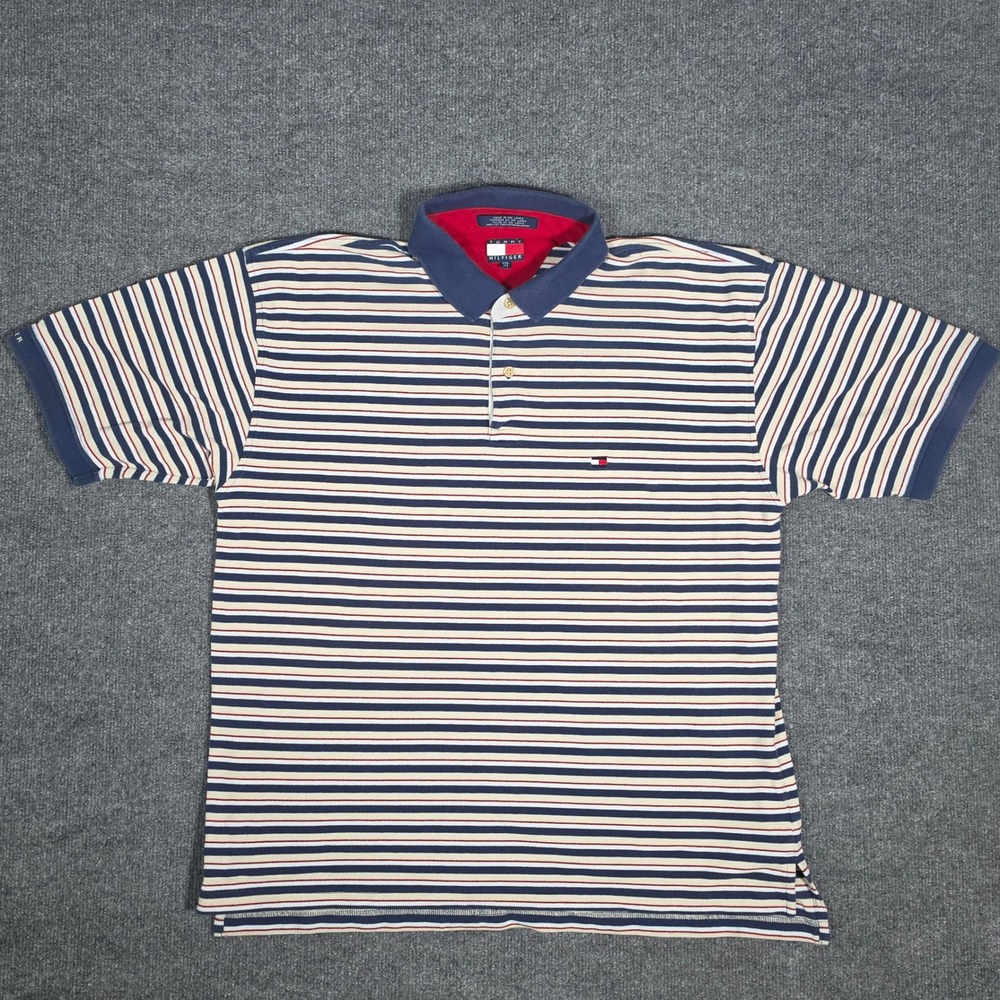 Tommy Hilfiger Mens XXL Striped Polo Shirt Navy Blue Tan Red Cotton Pique Y2K